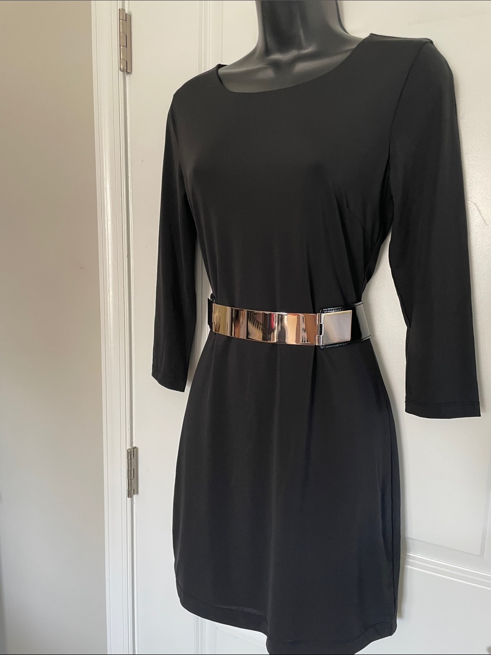 NWT Bebe long sleeve dress with gold belt and accents - Picture 2 of 12